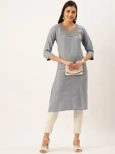 SHOWOFF Round Neck Beads & Stones Detail Cotton Straight Kurta