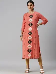 SHOWOFF Geometric Printed Thread Work Cotton Straight Kurta