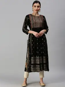 SHOWOFF Ethnic Motifs Printed Thread Work Cotton A-Line Kurta