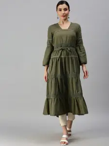 SHOWOFF Square Neck Thread Work Tiered A-Line Kurta