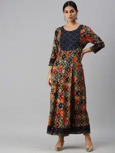 SHOWOFF Ethnic Motifs Printed Sequinned Panelled A-Line Kurta