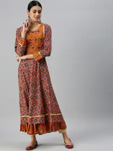 SHOWOFF  Ethnic Motifs Printed Thread Work Cotton A-Line Kurta