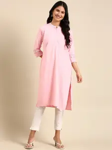 SHOWOFF Mandarin Collar Thread Work Pastels Chanderi Cotton Kurta