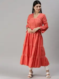 SHOWOFF Square Neck Tiered Cotton A-Line Kurta