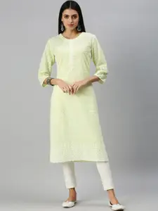 SHOWOFF Ethnic Motifs Embroidered Chikankari Cotton Kurta