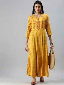 SHOWOFF Floral Printed Embroidered Cotton Ethnic Dress