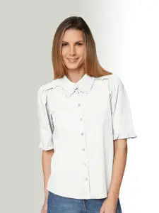 B.Copenhagen Spread Collar Ruffled-Detail Boxy Opaque Pure Cotton Casual Shirt