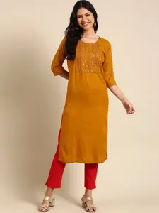 SHOWOFF Ethnic Motifs Yoke Design Sequinned Straight Kurta