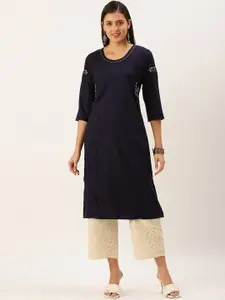 SHOWOFF Round Neck Thread Work Straight Kurta