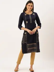 SHOWOFF Ethnic Moifs Printed Round Neck Kurta