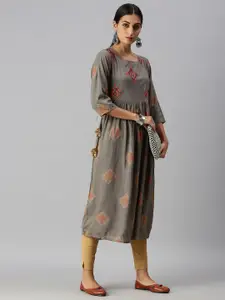 SHOWOFF Geometric Embroidered Cotton A-Line Kurta