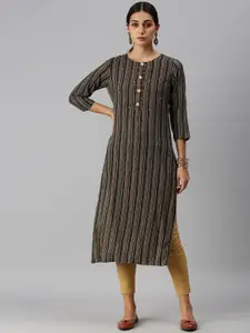 SHOWOFF Striped Printed Thread Work Cotton Straight Kurta