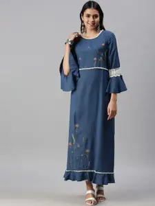 SHOWOFF Floral Embroidered Cotton A-Line Kurta