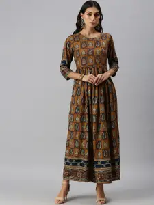 SHOWOFF Ethnic Motifs Printed Embroidered Cotton Maxi Ethnic Dress