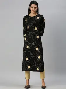 SHOWOFF Floral Foil Printed Round Neck Cotton Straight Kurta