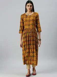 SHOWOFF Ethnic Motifs Printed Mirror Work Bandhani Pure Cotton A-Line Kurta