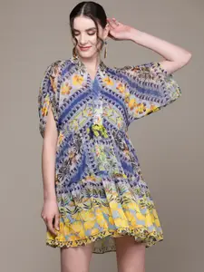 aarke Ritu Kumar Floral Print Slit Sleeve Chiffon A-Line Dress with Camisole