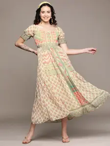 aarke Ritu Kumar Ethnic Motifs Print Puff Sleeve Chiffon A-Line Midi Dress with Camisole