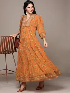 Ritu Kumar Floral Print Bishop Sleeve Ethnic A-Line Maxi Dress