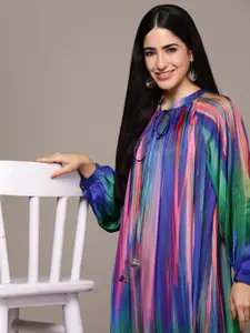 Ritu Kumar Print Tie-Up Neck Puff Sleeves Satin A-Line Maxi Dress