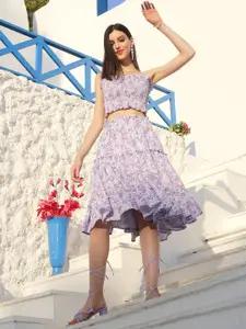 Sera Women Floral Printed Off-Shoulder Crop Top & Skirt