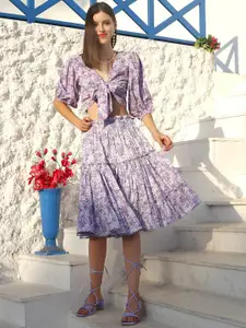 Sera Floral Printed  V-Neck Top With Skirt