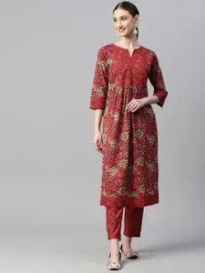 Indibelle Floral Printed Notched Neck Screen Print Pure Cotton Straight Kurta