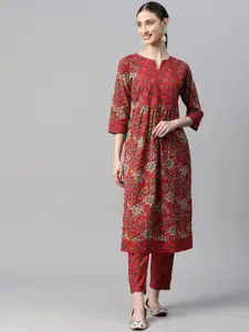 Indibelle Plus Size Floral Printed Notched Neck Screen Print Pure Cotton Straight Kurta