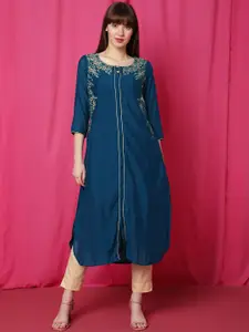 Indifusion Floral Embroidered Thread Work A-Line Kurta