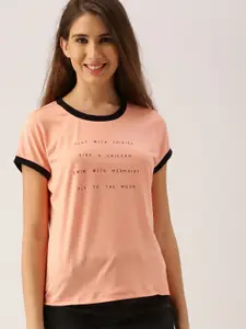 DressBerry Women Peach-Coloured Printed Round Neck T-shirt