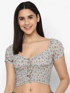 AMERICAN EAGLE OUTFITTERS Floral Printed Tie-Up Neck Smocked Fitted Crop Top