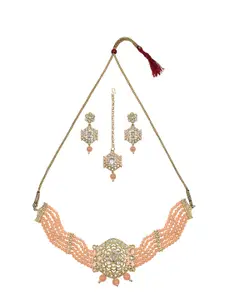 ZaffreCollections Gold-Plated Stone-Studded & Beaded Necklace and Earrings with Maang Tika