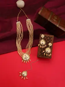 ZaffreCollections Gold-Plated Beaded Layered Necklace and Earrings with Maang Tika