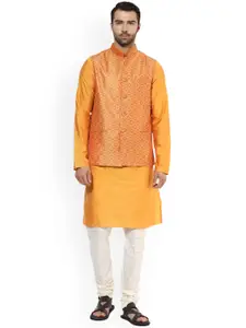 KISAH Men Yellow & Cream-Coloured Self-Design Kurta with Churidar & Nehru Jacket