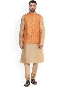 KISAH Men Beige & Orange Solid Kurta with Churidar and Nehru Jacket
