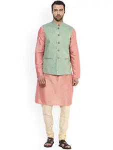 KISAH Men Pink & Sea Green Self-Design Kurta with Churidar & Nehru Jacket