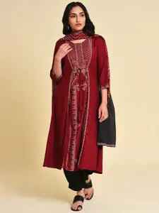 W Ethnic Motifs Printed Bead Work A-Line Kurta