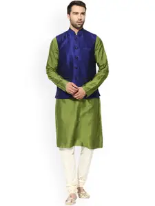 KISAH Men Green & Blue Solid Kurta with Churidar & Waistcoat