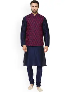 KISAH Men Navy Blue & Magenta Solid Kurta Churidar with Nehru Jacket