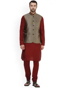 KISAH Men Maroon & Navy Blue Self-Design Kurta with Churidar & Nehru Jacket