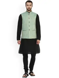 KISAH Men Black & Green Solid Kurta with Churidar and Nehru Jacket