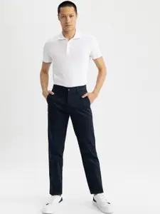 DeFacto Men Cotton Mid-Rise Flat-Front Plain Chinos Trousers