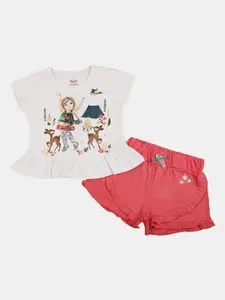 V-Mart Girsl Printed Pure Cotton Round Neck Top with Shorts Clothing Set