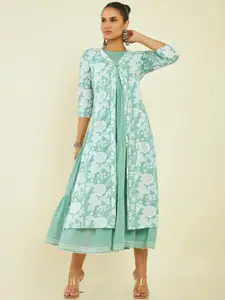 Soch Floral Printed Tiered Pure Cotton Midi Dress with Jacket