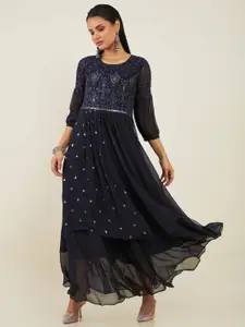 Soch Round Neck Embellished Georgette Maxi Fit And Flare Ethnic Dress