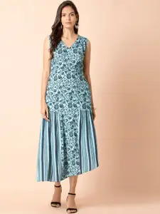 INDYA Floral Printed Asymmetric A-Line Midi Ethnic Dress