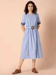 INDYA Striped & Embroidered Belted  A-Line Dress