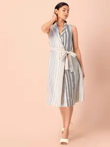 INDYA Striped Pure Cotton Shirt Dress With Belt