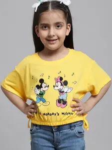 Kids Ville Girls Mickey & Minnie-Printed Side Tie-ups Cotton T-Shirt