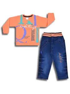 Wish Karo Boys Printed Round Neck Long Sleeves T-shirt with Jeans Clothing Set